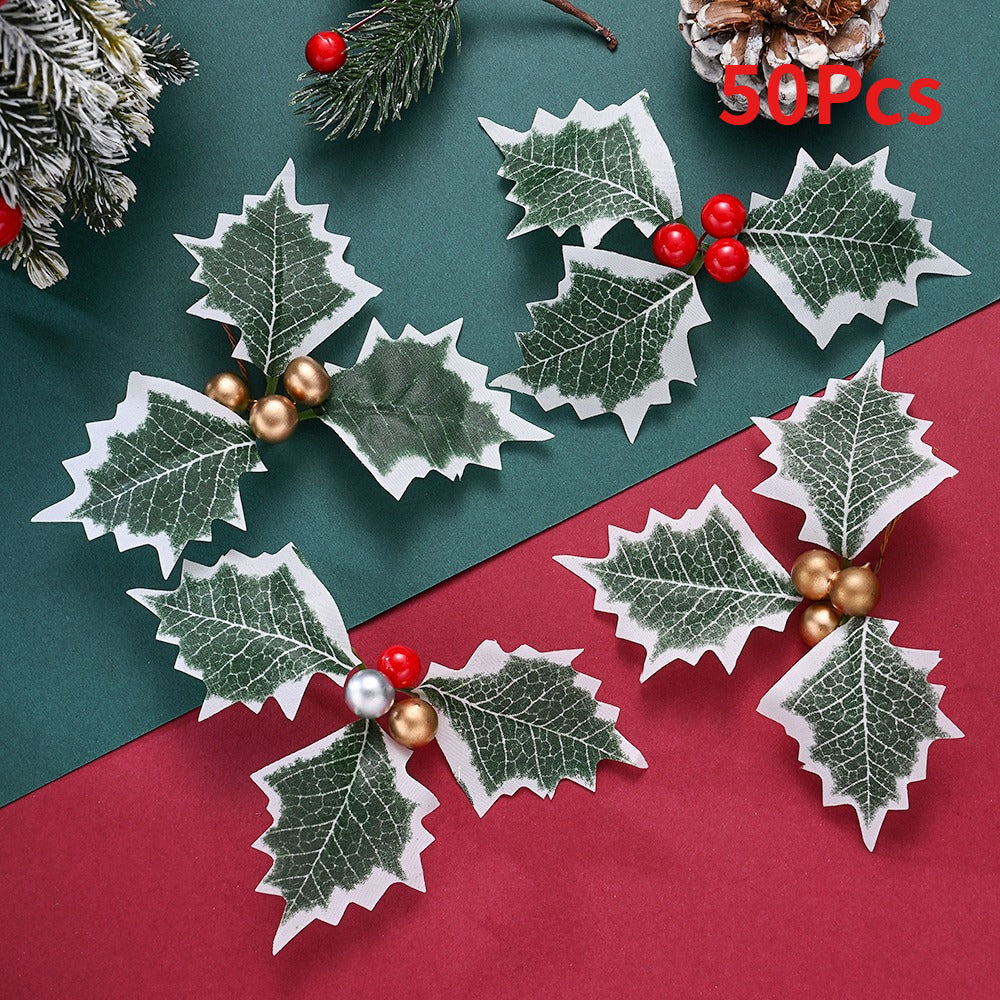 Simulated Christmas Green Leaves & Red Berry Decorations