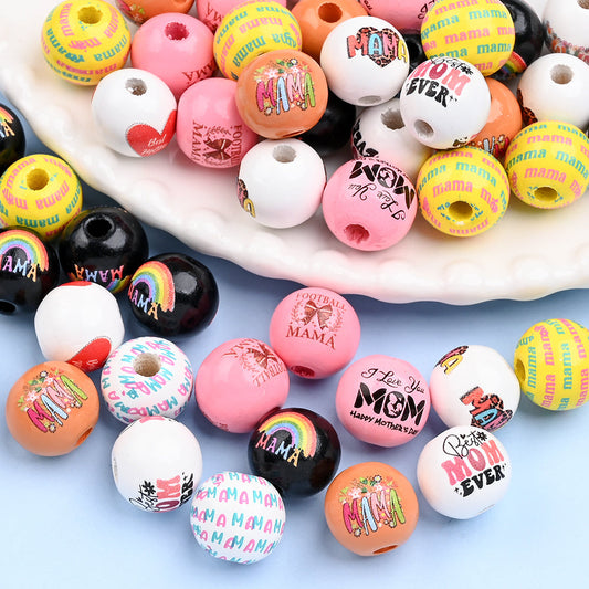 10pcs 16mm "MAMA" and Floral Designs Wooden Decorative Beads