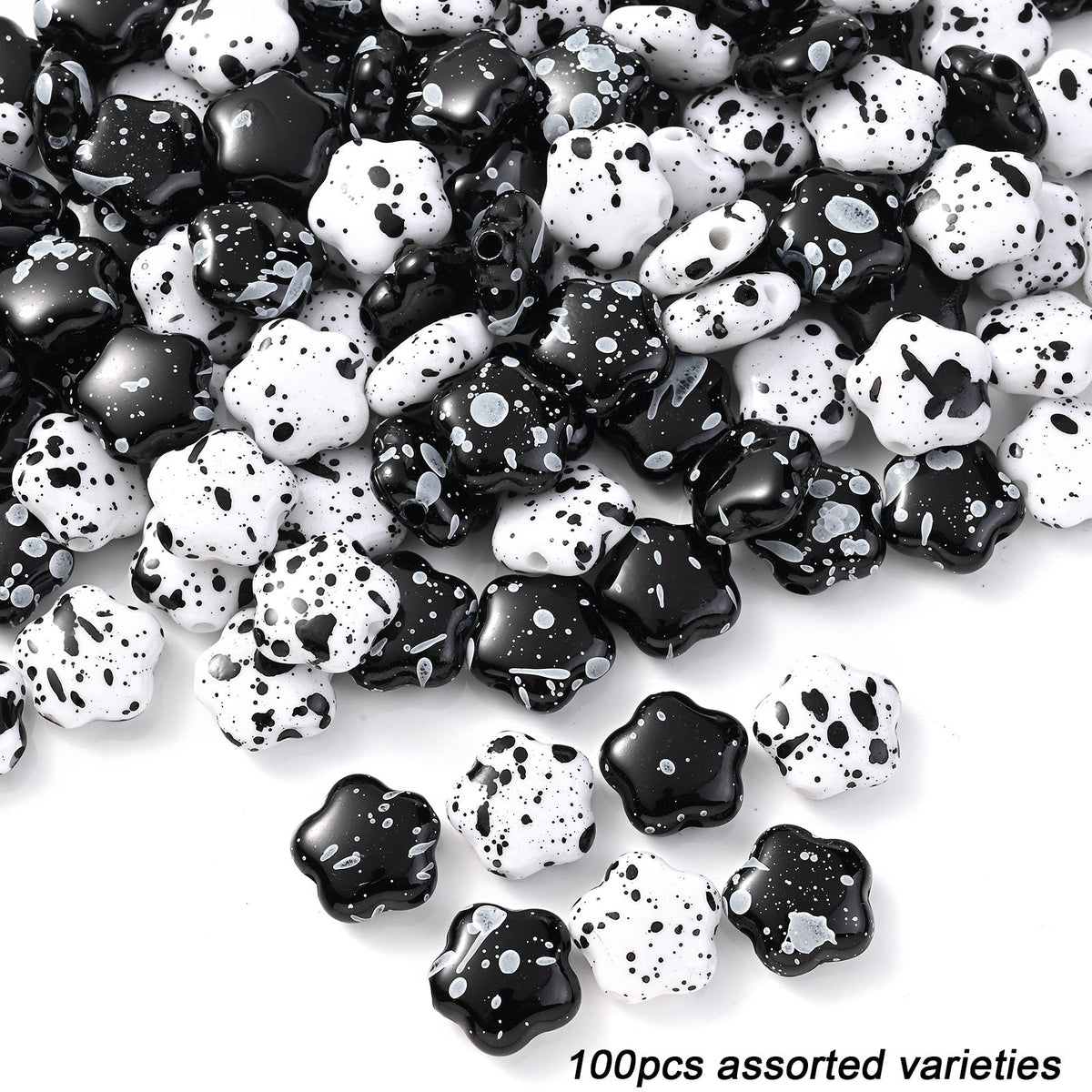 100/200pcs Star Heart Butterfly Beads Acrylic Black & White Graffiti