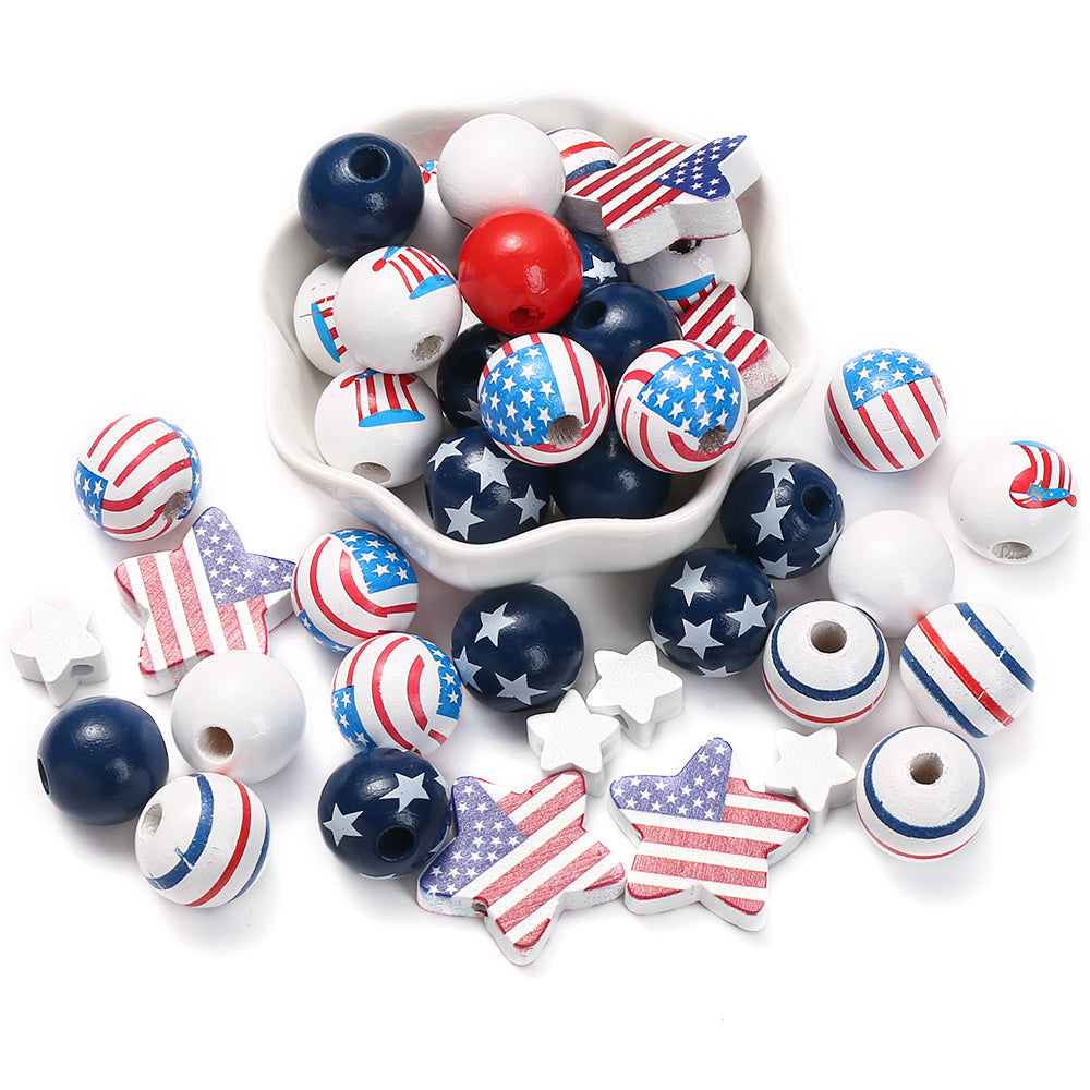 60pcs Patriotic Wood Beads