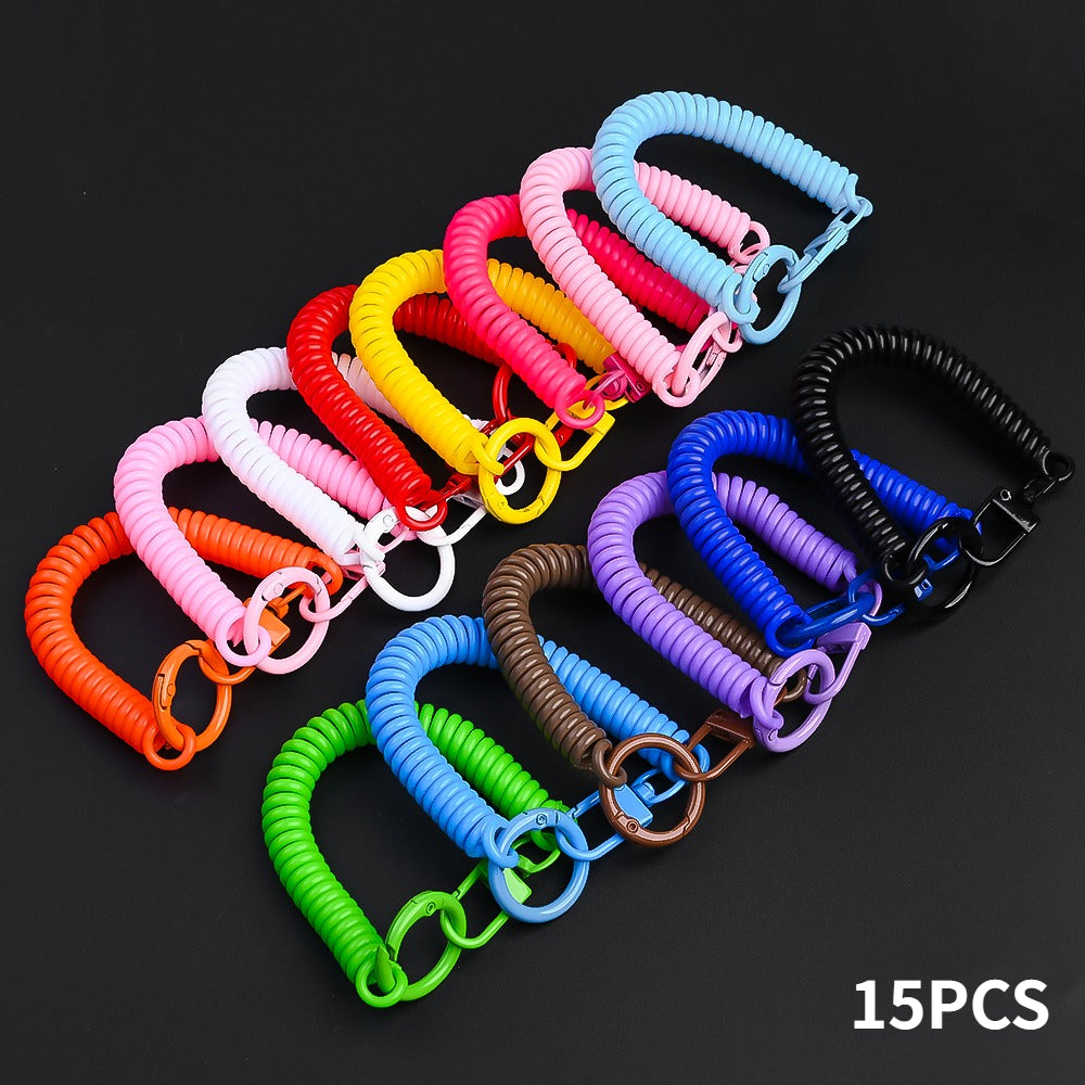 15PCS Retractable Double-Buckle Spiral Keychain Set