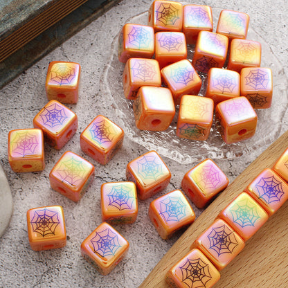 Orange Acrylic Cube Beads with Spider Web Print