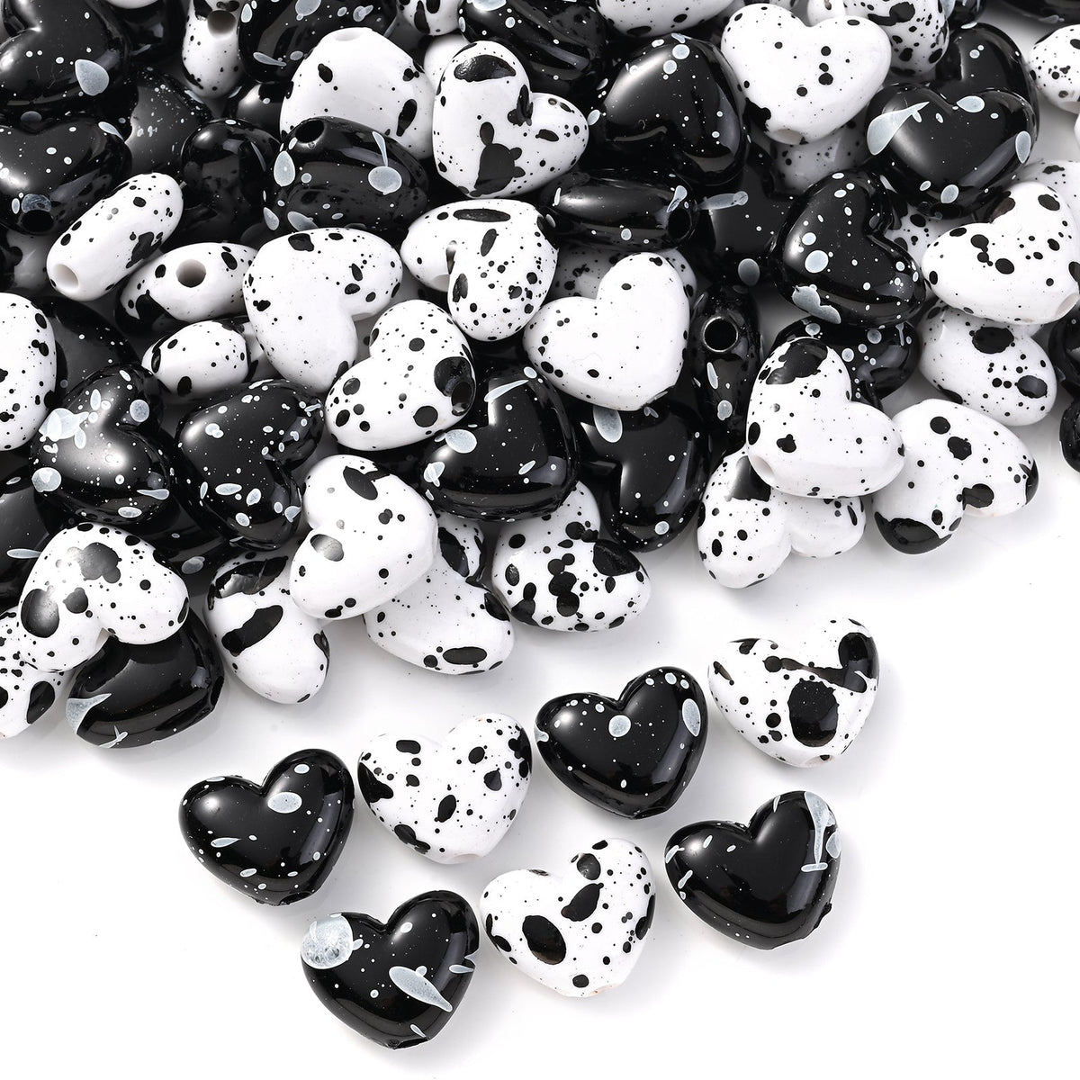 Black White Speckled Heart Acrylic Spacer Beads