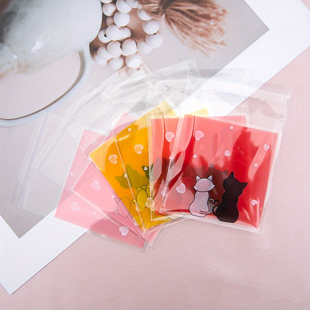 300-Piece Cat Print Self-Adhesive OPP Jewelry Bags