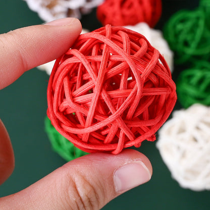 15PCS 3/4cm Red Green White Christmas Wicker Rattan Ball Set