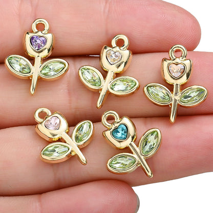 Rhinestone Heart Tulip Leaf Alloy Charms
