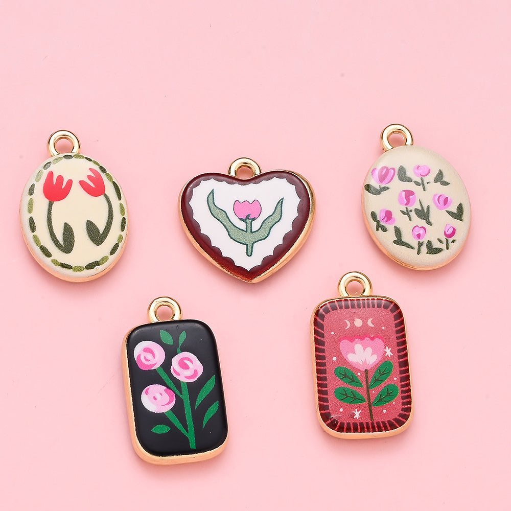 Vintage Oil Painting Heart Flower Pendant Charms