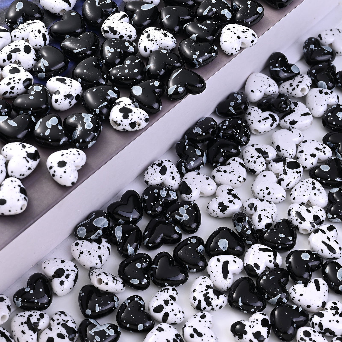 Black White Speckled Heart Acrylic Spacer Beads