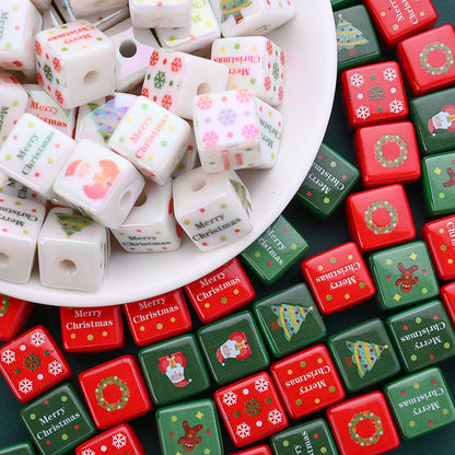 10PCS 14mm Multicolor Christmas Printed Square Acrylic Bead Set