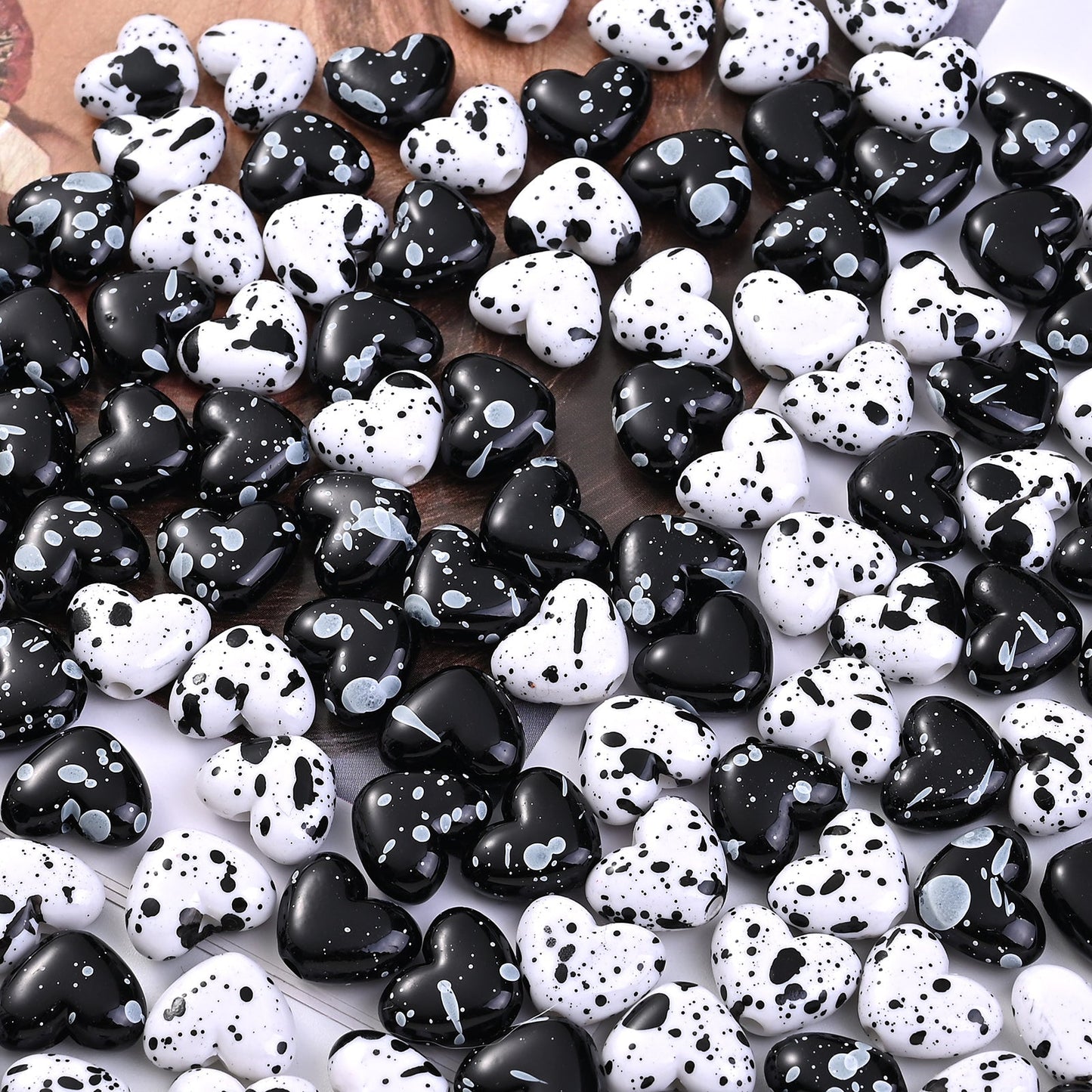 Black White Speckled Heart Acrylic Spacer Beads