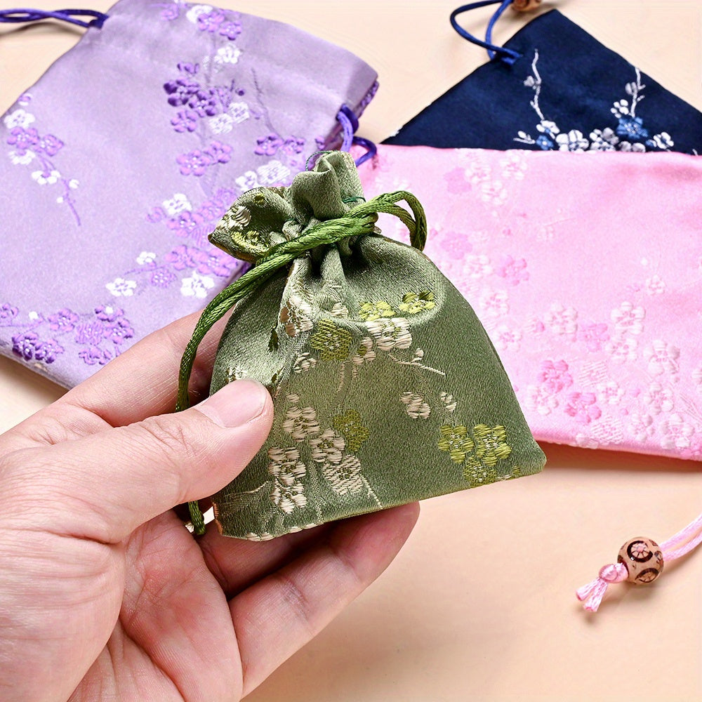 2-Piece Floral Embroidered Satin Drawstring Gift Bag Set