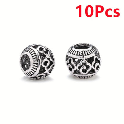 10PCS 9×11mm Retro Silver Hollow Alloy Bead Set