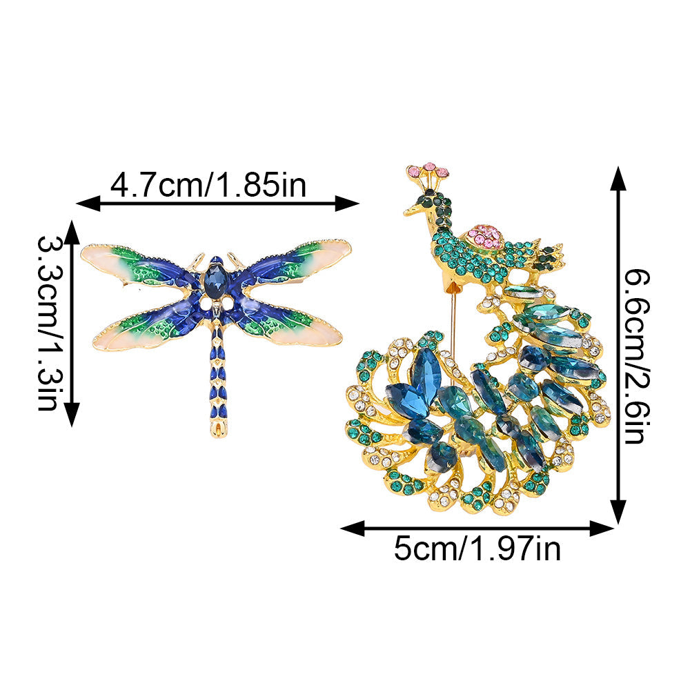 1-Piece Rhinestone Peacock & Enamel Dragonfly Brooch