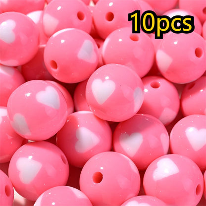 10pcs 16mm Mixed Color Acrylic Heart Pattern Round Beads