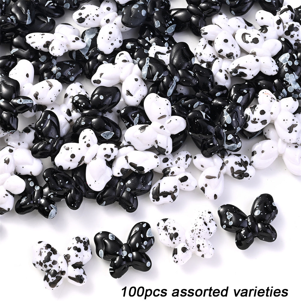100/200pcs Star Heart Butterfly Beads Acrylic Black & White Graffiti