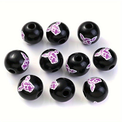 10PCS 16mm Black Bullhead Pattern Wooden Bead Set