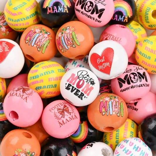 10pcs 16mm "MAMA" and Floral Designs Wooden Decorative Beads