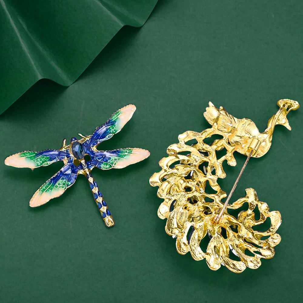 1-Piece Rhinestone Peacock & Enamel Dragonfly Brooch