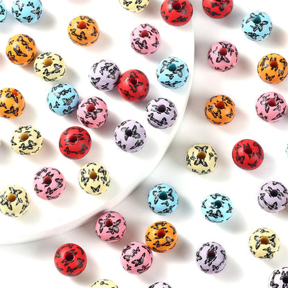16 mm Colorful Butterfly Print Wooden Beads
