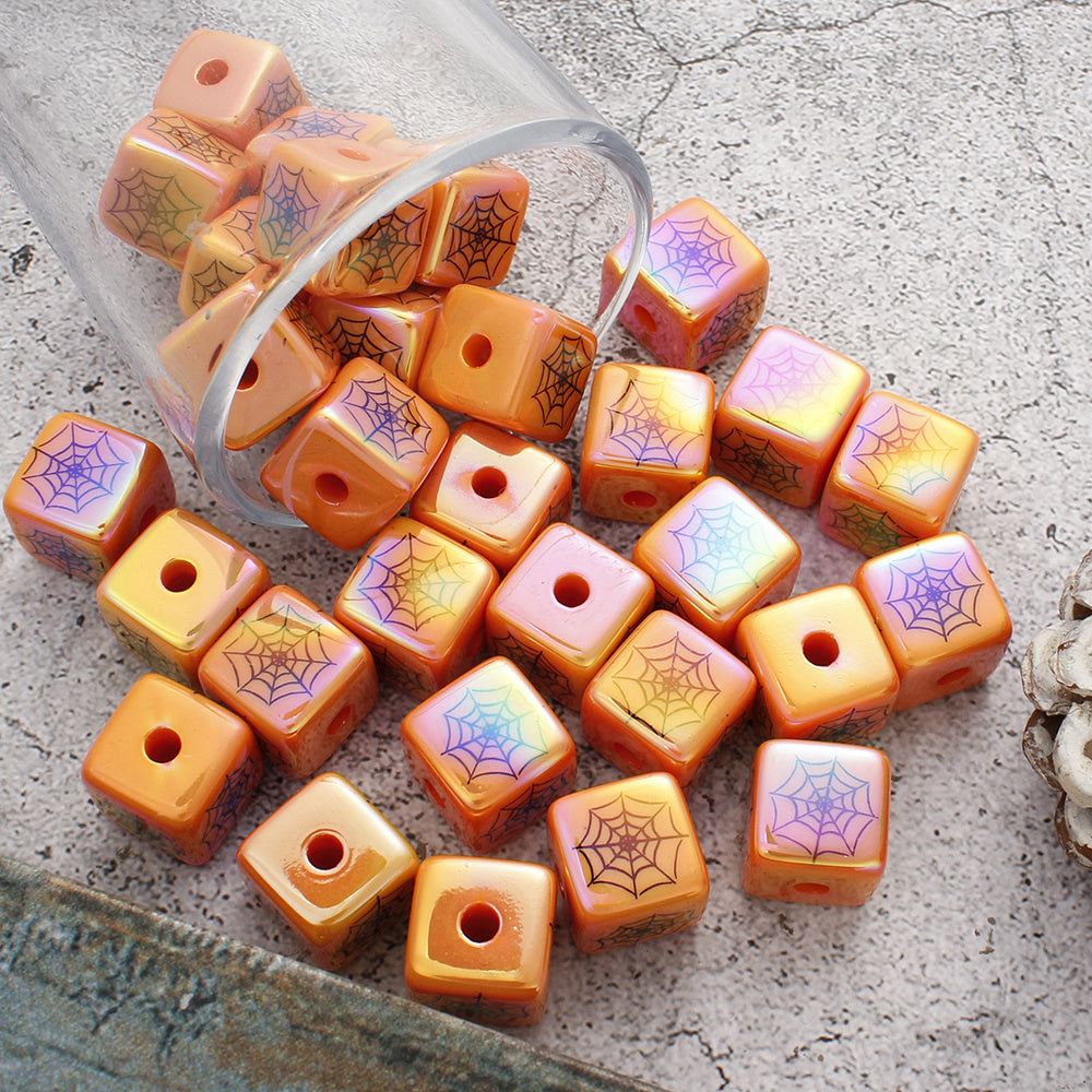 Orange Acrylic Cube Beads with Spider Web Print
