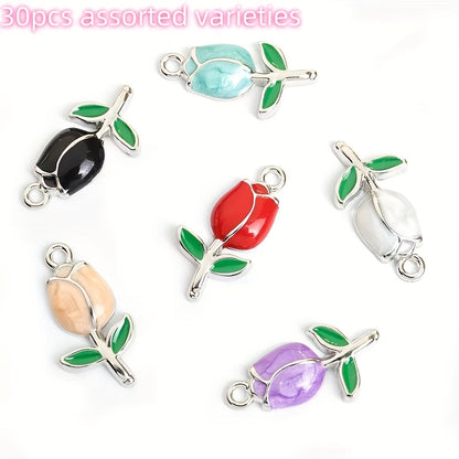 30-Piece Multicolor Tulip Drop-Oil Flower Charms