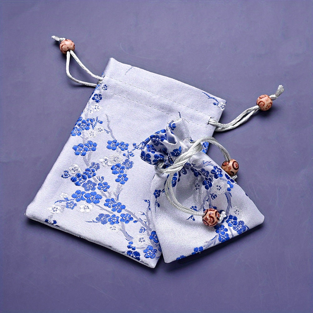 2-Piece Floral Embroidered Satin Drawstring Gift Bag Set