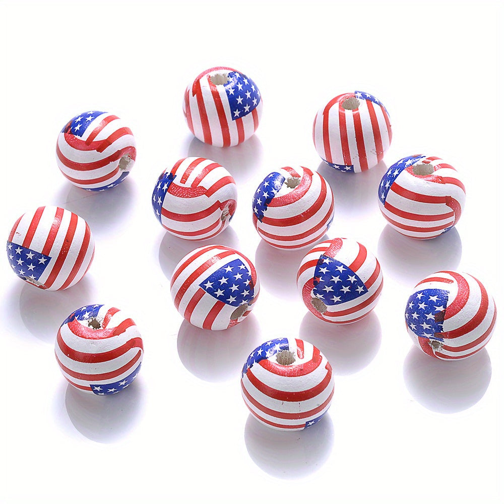 10PCS 16mm American Flag Round Wooden Bead Set