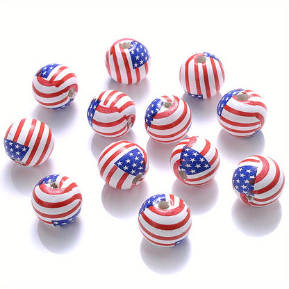 10PCS 16mm American Flag Round Wooden Bead Set