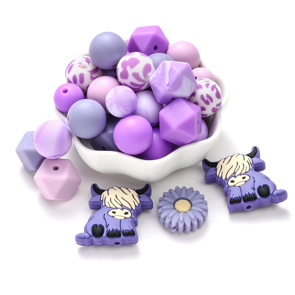 Purple Highland Cow Daisy Silicone Beads Set