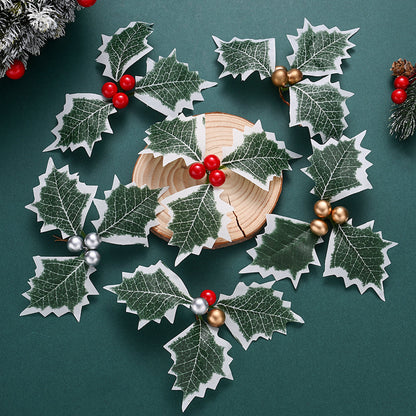 Simulated Christmas Green Leaves & Red Berry Decorations