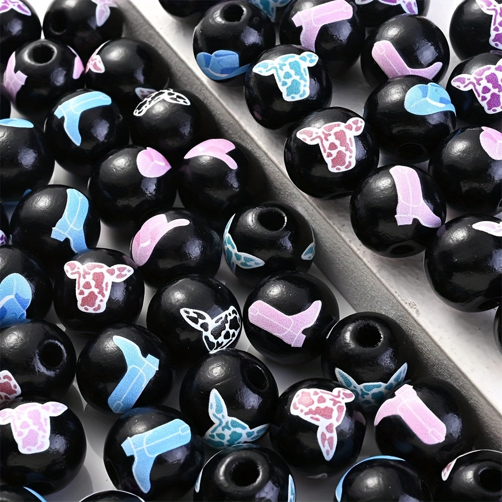 10PCS 16mm Black Bullhead Pattern Wooden Bead Set