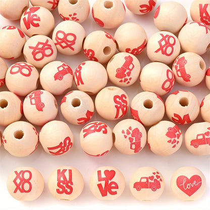 10PCS 16mm Red Kiss & Love Wooden Bead Set