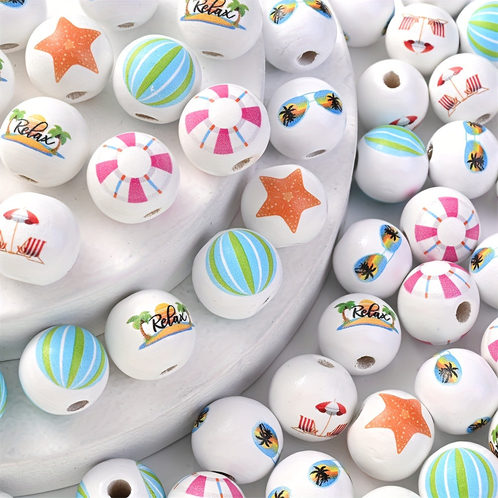 10PCS 16mm Beach-Themed Printed Wooden Bead Set