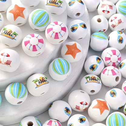 10PCS 16mm Beach-Themed Printed Wooden Bead Set