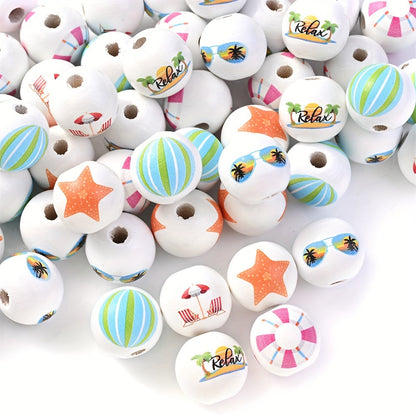 10PCS 16mm Beach-Themed Printed Wooden Bead Set