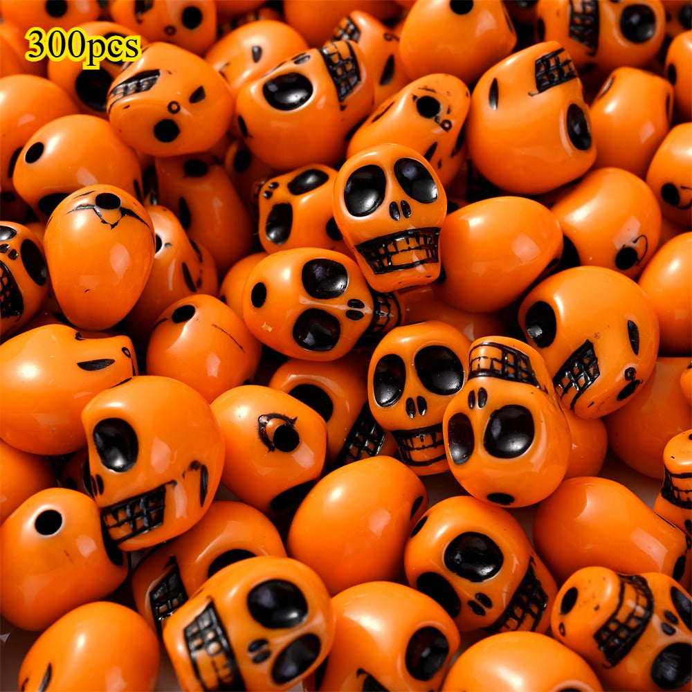 300pcs 9x12mm Halloween Skull Acrylic Beads Orange Black Small Goth Skull