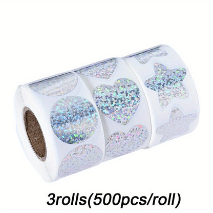 3-Roll Rainbow Laser Heart, Star & Round Self-Adhesive Stickers