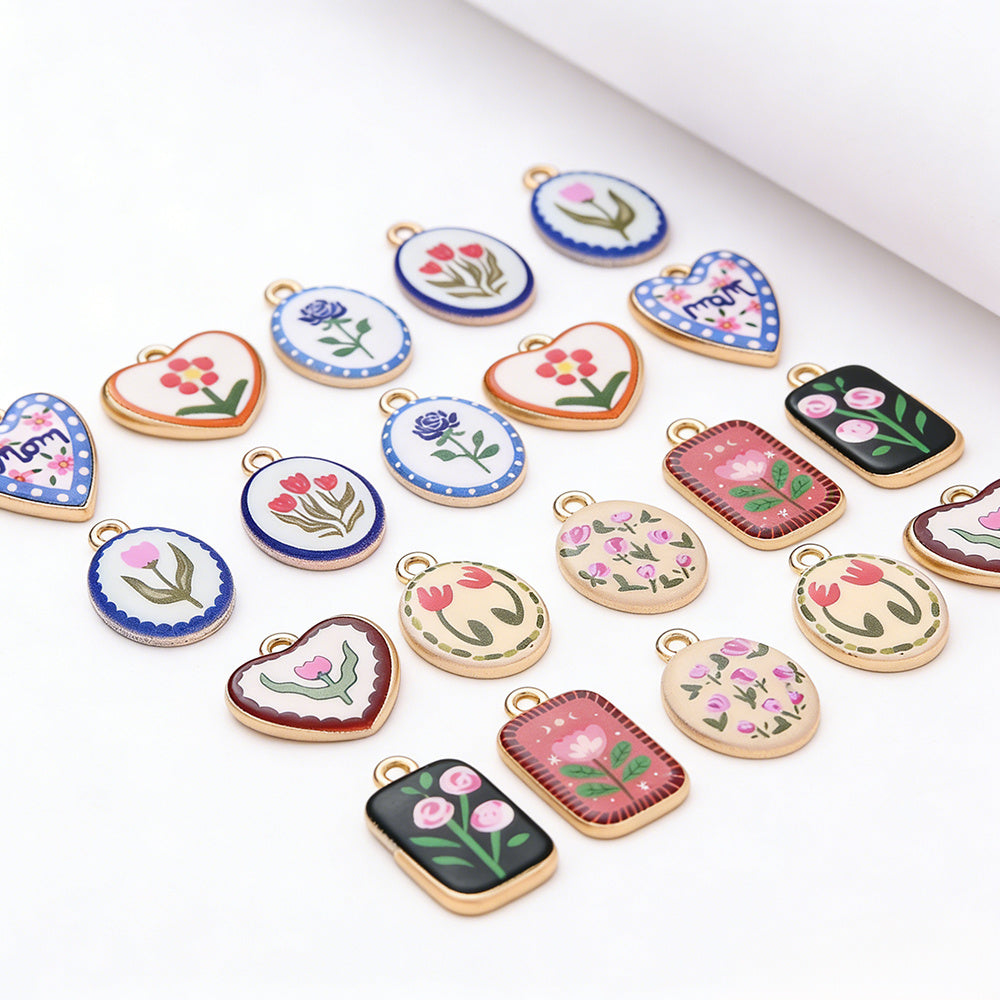 Vintage Oil Painting Heart Flower Pendant Charms