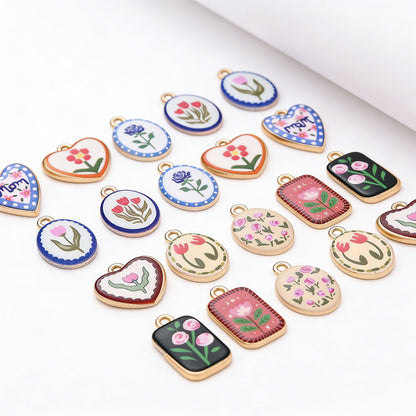 Vintage Oil Painting Heart Flower Pendant Charms