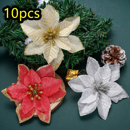 10PCS 13×13cm Gold & Red Glitter Christmas Flower Picks