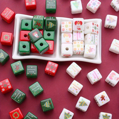 10PCS 14mm Multicolor Christmas Printed Square Acrylic Bead Set