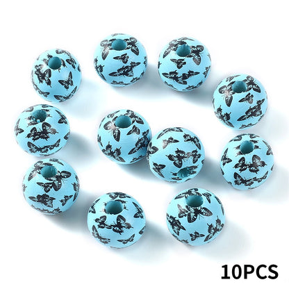 16 mm Colorful Butterfly Print Wooden Beads