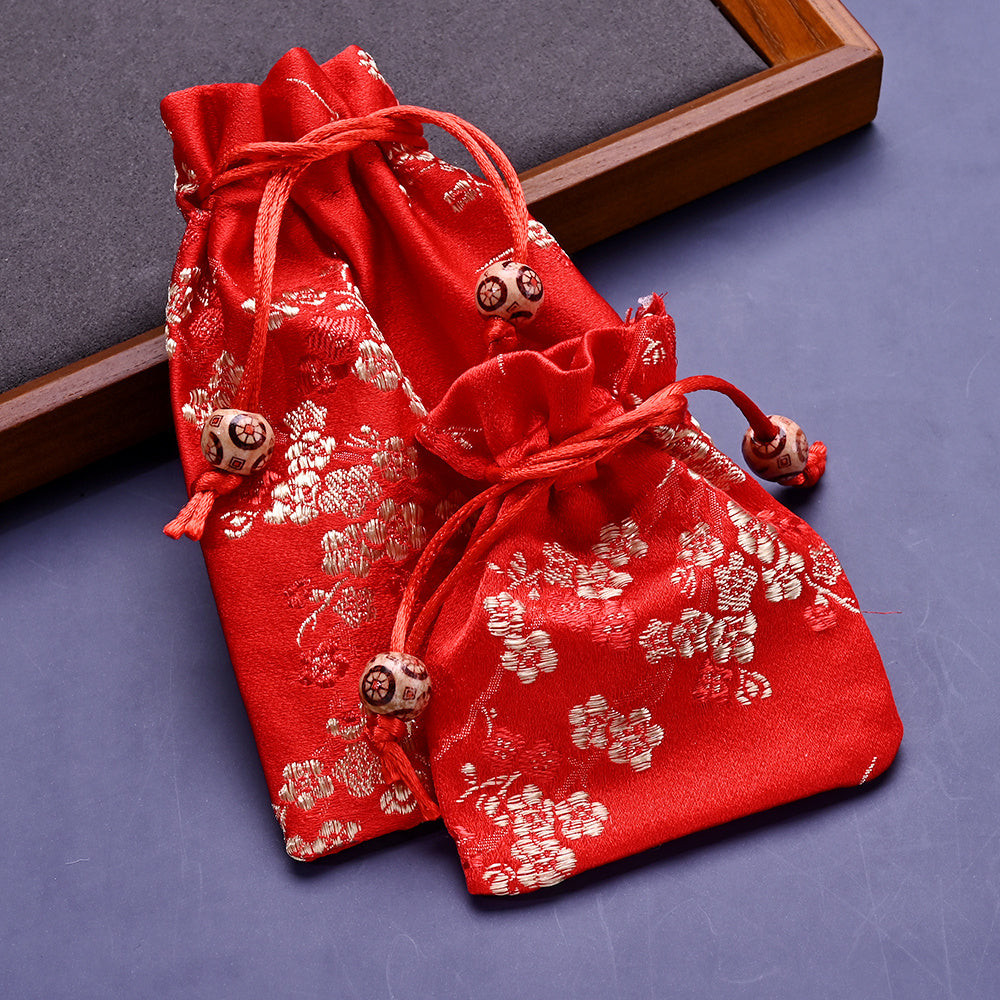 2-Piece Floral Embroidered Satin Drawstring Gift Bag Set