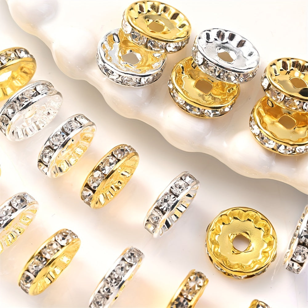 20PCS 4×12mm Rhinestone Round Gold & Silver Spacer Bead Set