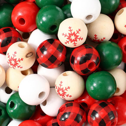 200-Piece 16 mm Mixed Christmas Wooden Beads with Hemp Rope