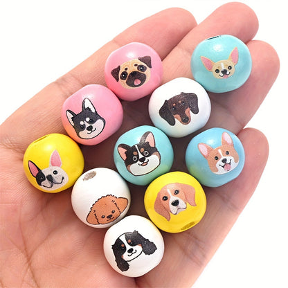 10PCS 16mm Puppy-Themed Wooden Bead Set