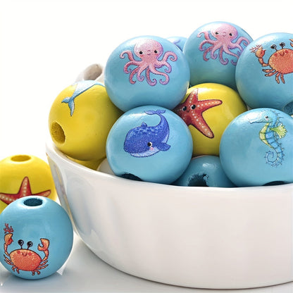10PCS 16mm Colorful Marine Animal Wooden Bead Set