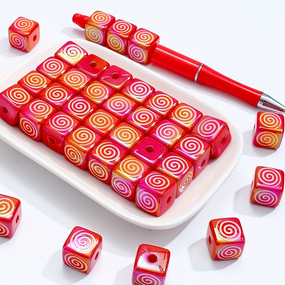 Red Swirl Square Acrylic Beads