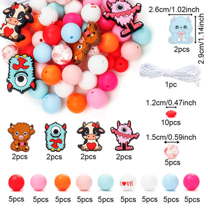 70pcs Love Cow Silicone Beads with Rope