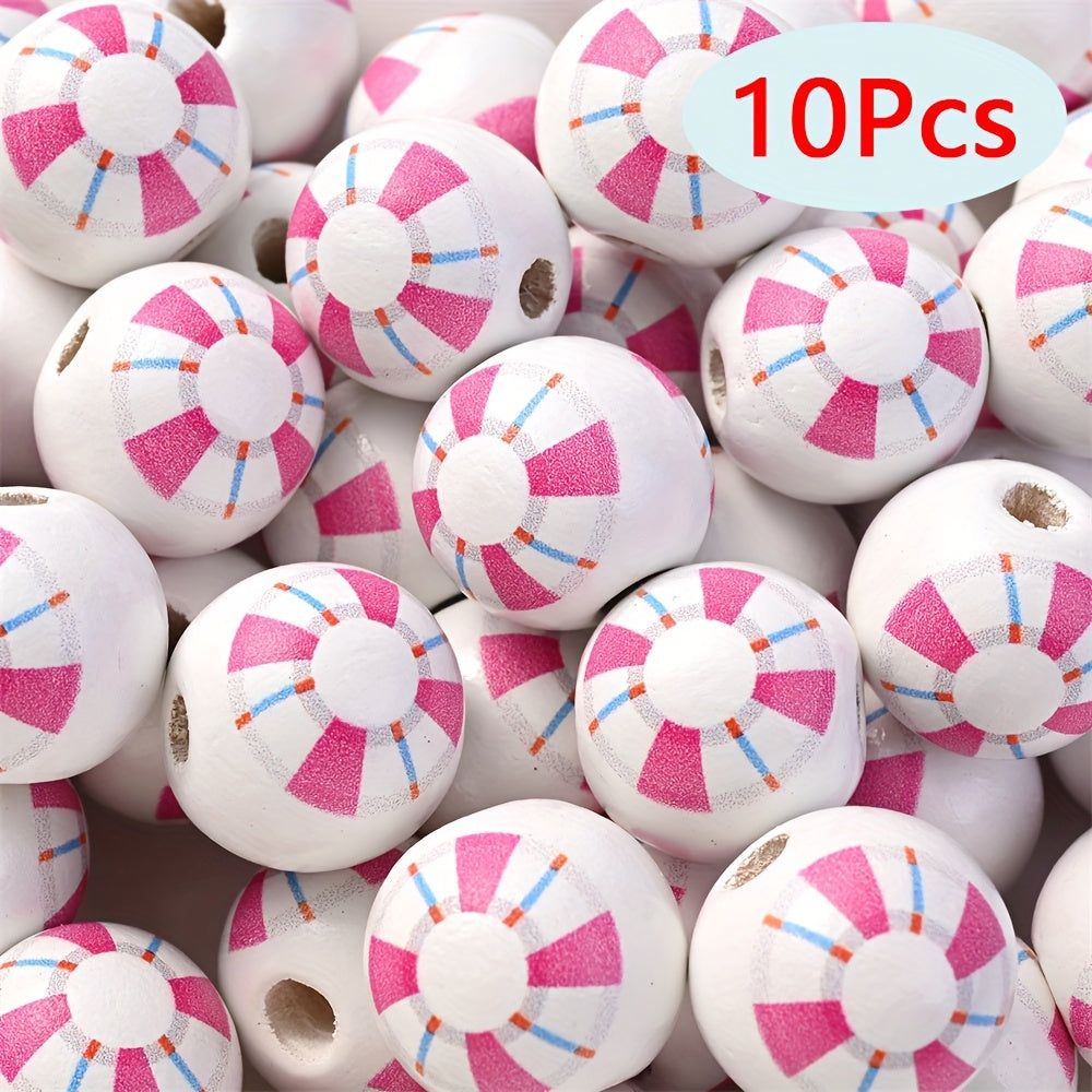 10PCS 16mm Beach-Themed Printed Wooden Bead Set
